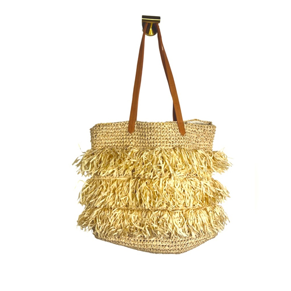 Universal Threads Women’s Straw Fringe Tote Bag with Brown Handle